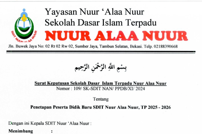 SURAT KEPUTUSAN TENTANG PENETAPAN PESERTA DIDIK BARU SDITNAN 2025 – 2026