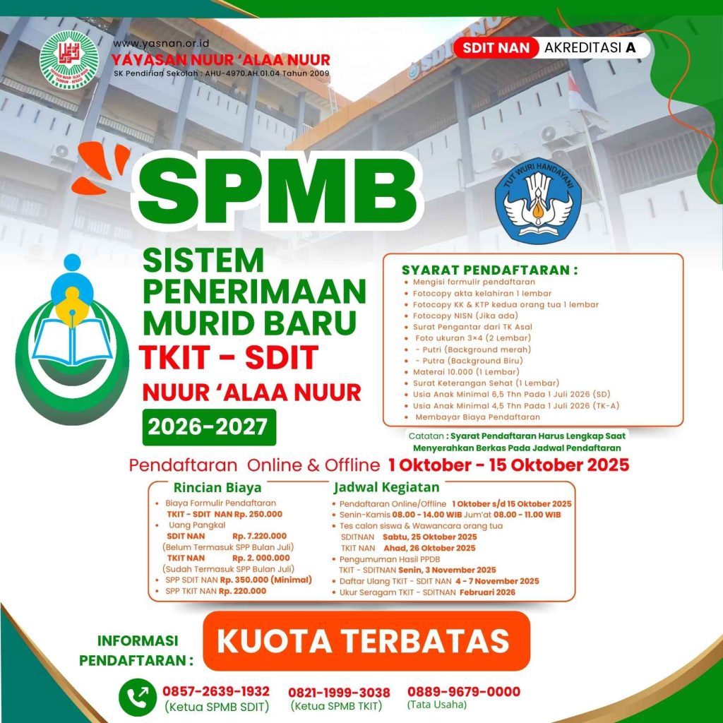 INFORMASI SISTEM PENERIMAAN MURID BARU – SPMB SDIT NAN 2026-2027